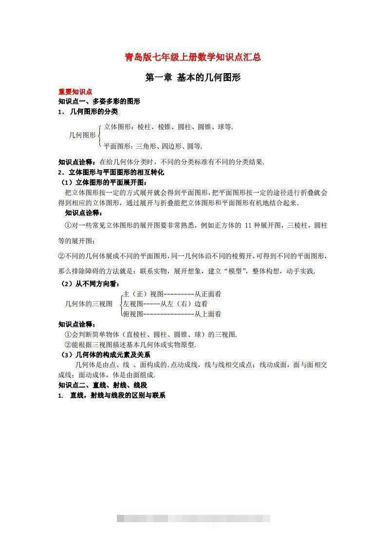 青岛版七年级上册数学知识点汇总-大伟资源网