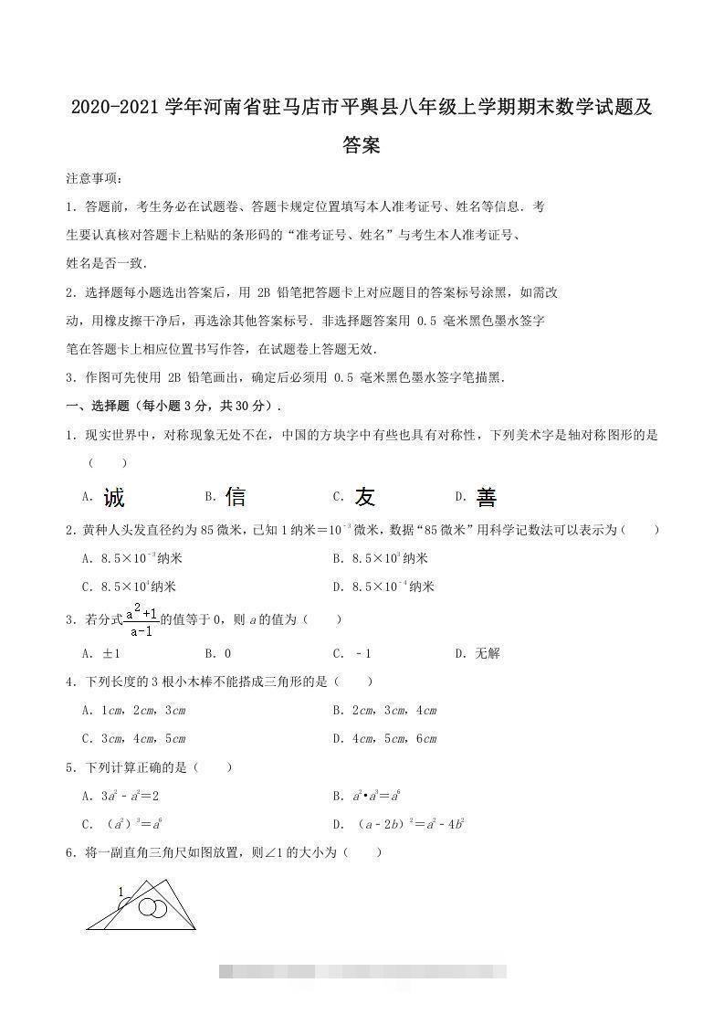 2020-2021学年河南省驻马店市平舆县八年级上学期期末数学试题及答案(Word版)-大伟资源网
