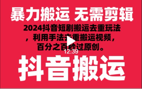 2024最新抖音搬运技术，抖音短剧视频去重，手法搬运，利用工具去重，秒过原创！-大伟资源网