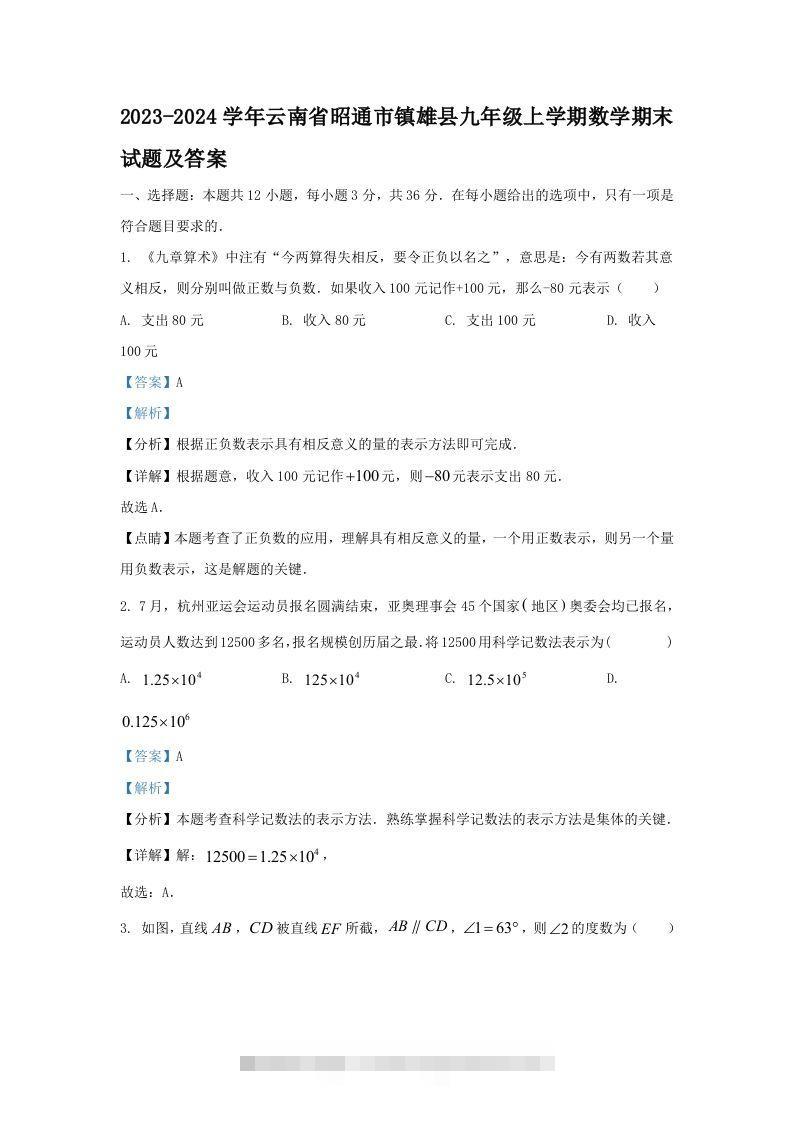 2023-2024学年云南省昭通市镇雄县九年级上学期数学期末试题及答案(Word版)-大伟资源网