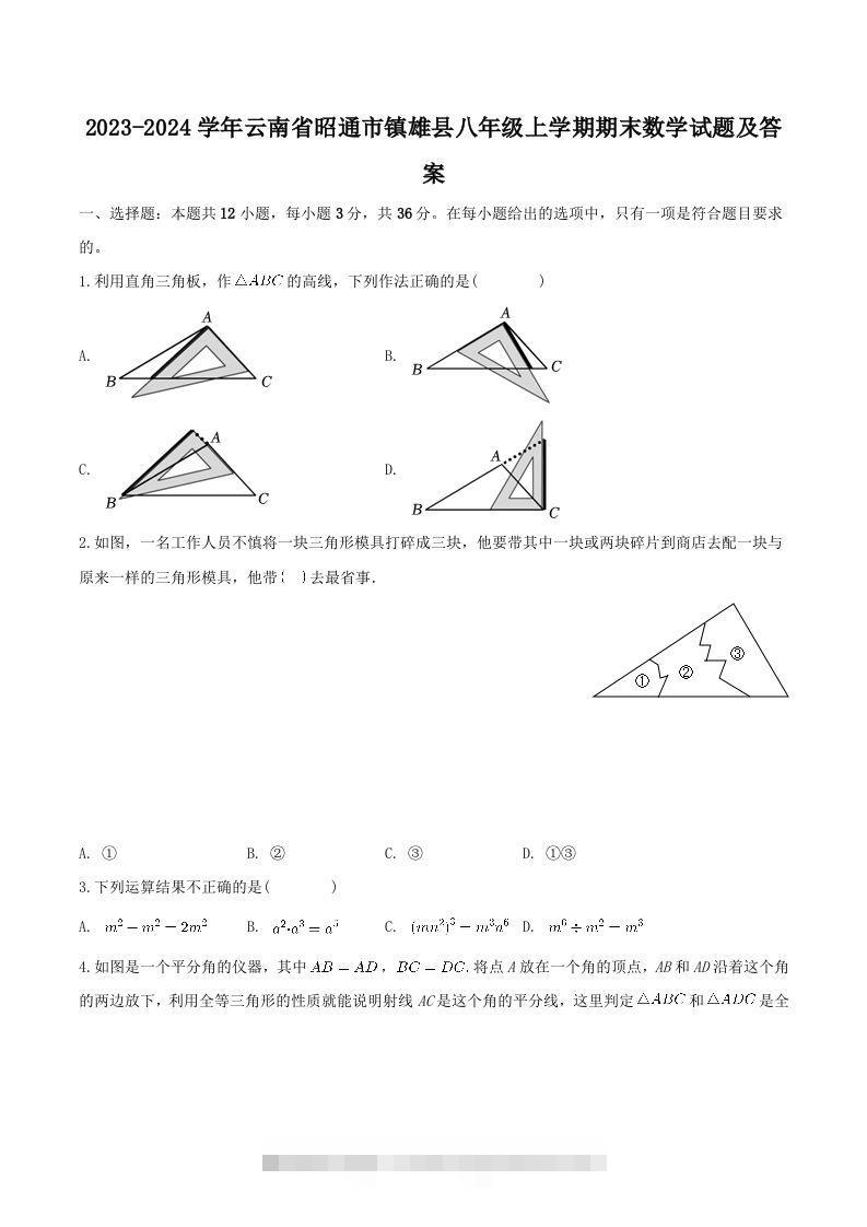 2023-2024学年云南省昭通市镇雄县八年级上学期期末数学试题及答案(Word版)-大伟资源网