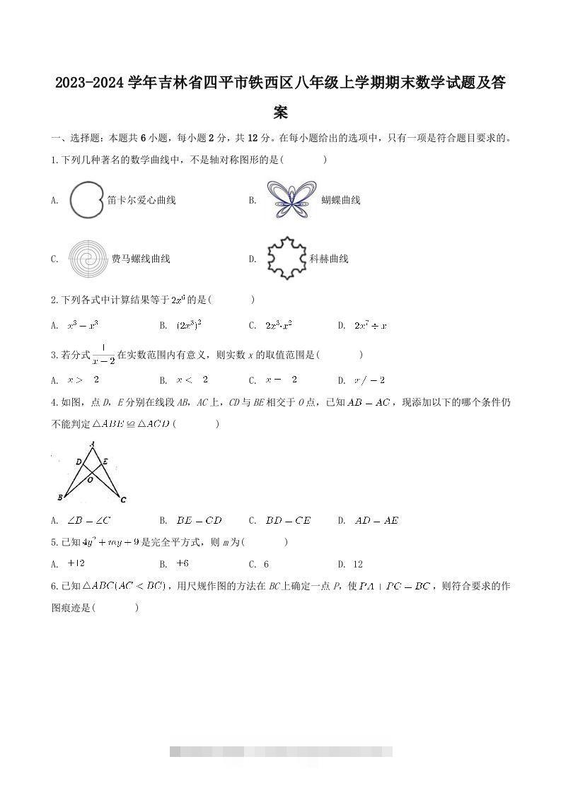 2023-2024学年吉林省四平市铁西区八年级上学期期末数学试题及答案(Word版)-大伟资源网