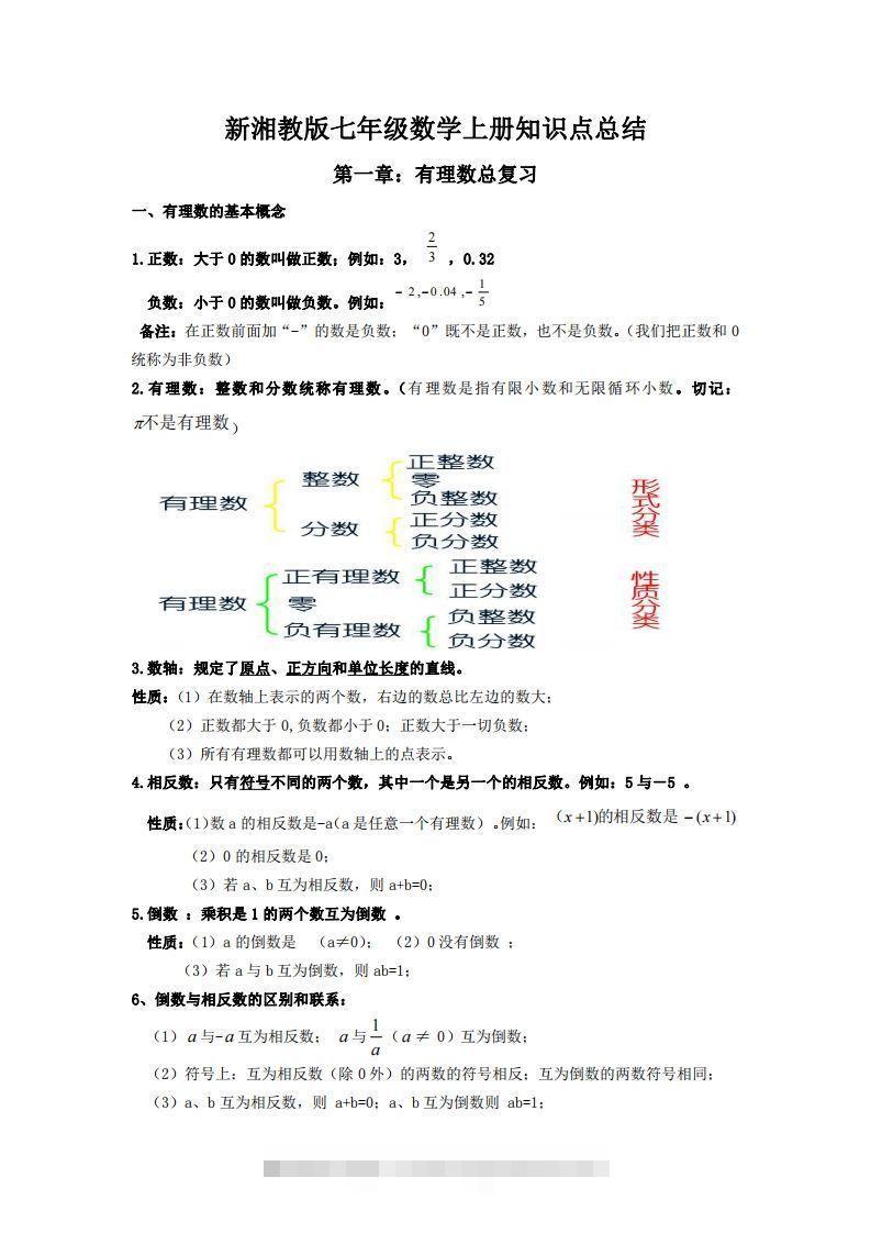 湘教版数学七年级上册知识点汇总-大伟资源网
