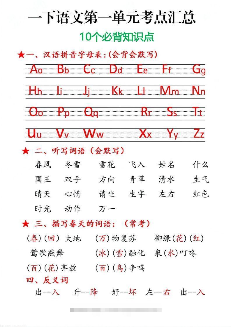 一下语文第一单元10个必备知识点-大伟资源网
