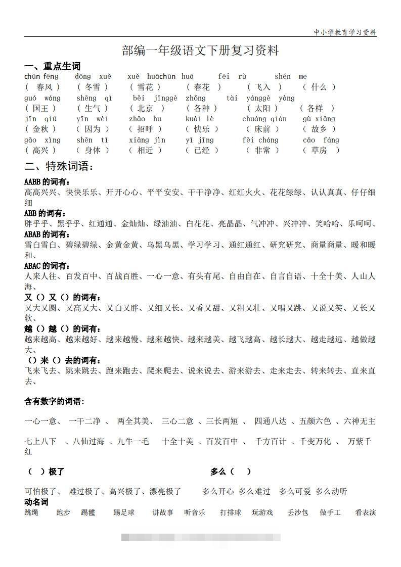 一年级语文下册复习资料(全面、经典)-大伟资源网