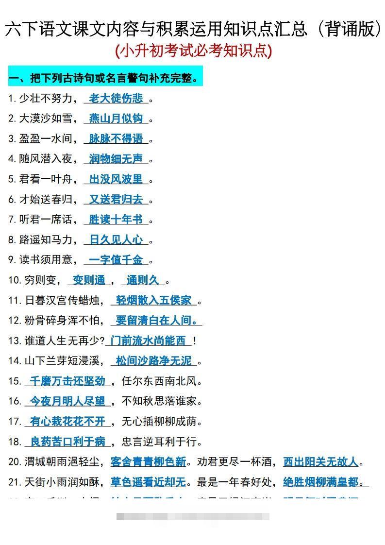 六年级下册语文(小升初)期末必考知识点-大伟资源网