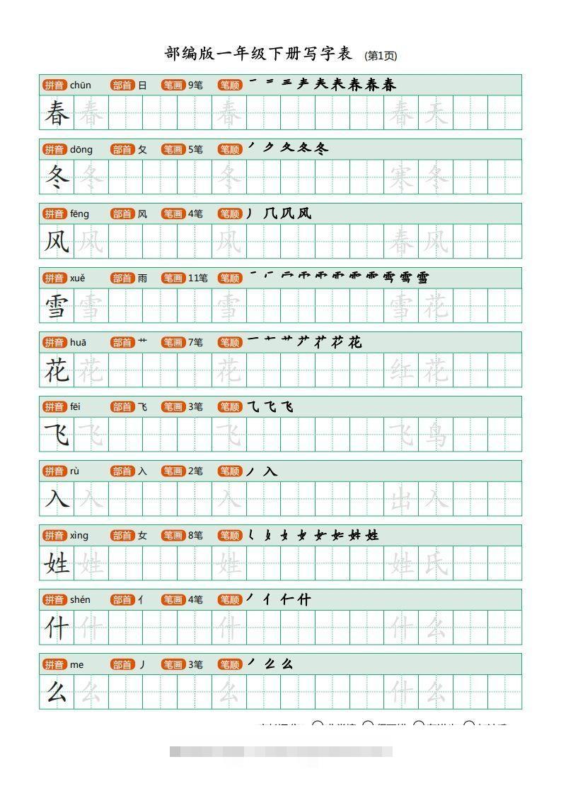 一年级语文下册写字表(笔顺)（20页）PDF（部编版）-大伟资源网