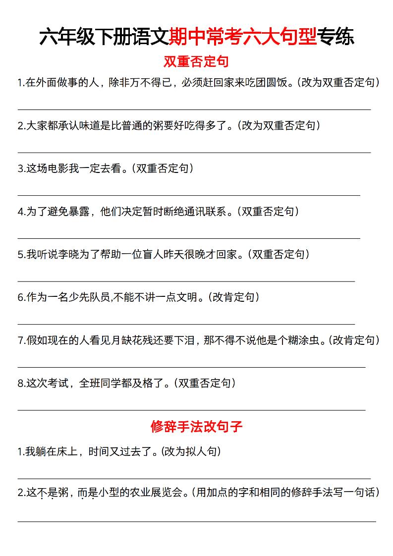 六下语文《语文六大句型期中考点专练》-大伟资源网