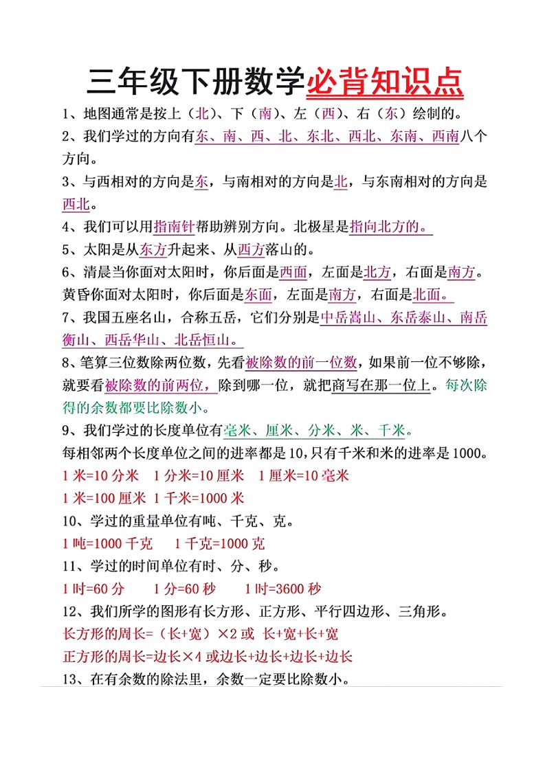 三年级下册数学必背重点知识-大伟资源网
