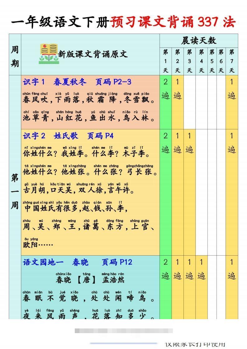 一年级语文【预习课文背诵337法】-大伟资源网