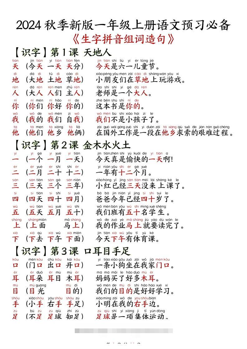 一年级上册语文单元知识要点之生字拼音组词造句-大伟资源网