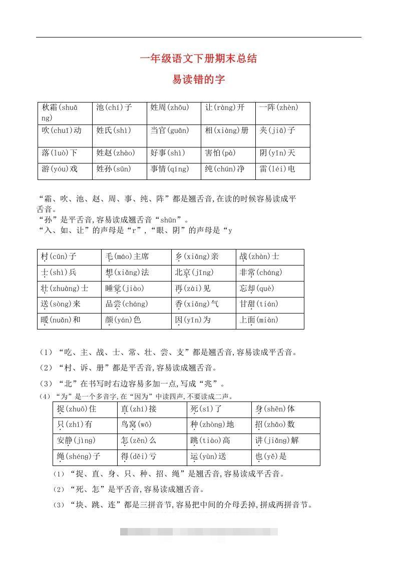 一年级语文下册期末总结—易读（写）错的字-大伟资源网