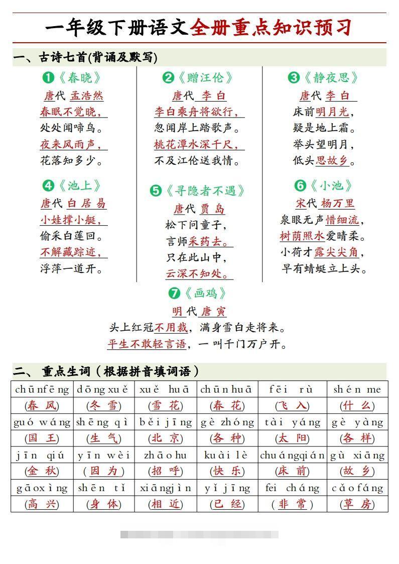 1.27一年级下册语文全册重点知识预习汇总-大伟资源网