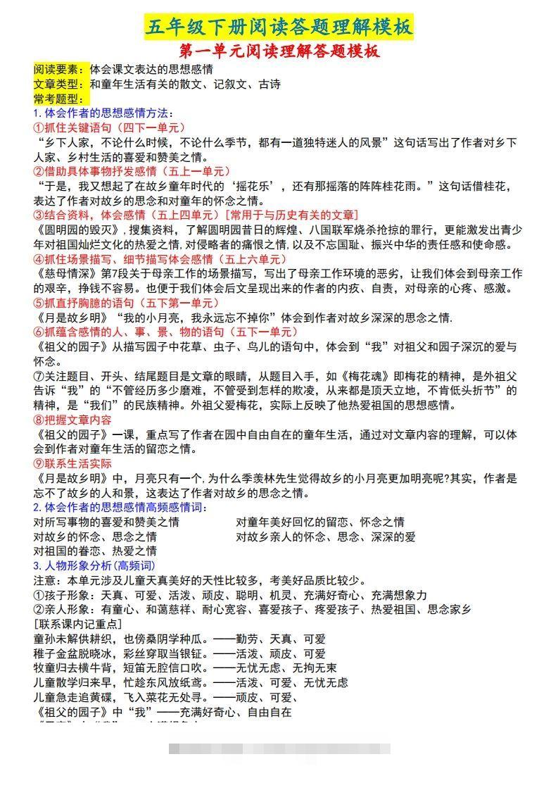 【阅读理解答题模板】五下语文(1)-大伟资源网