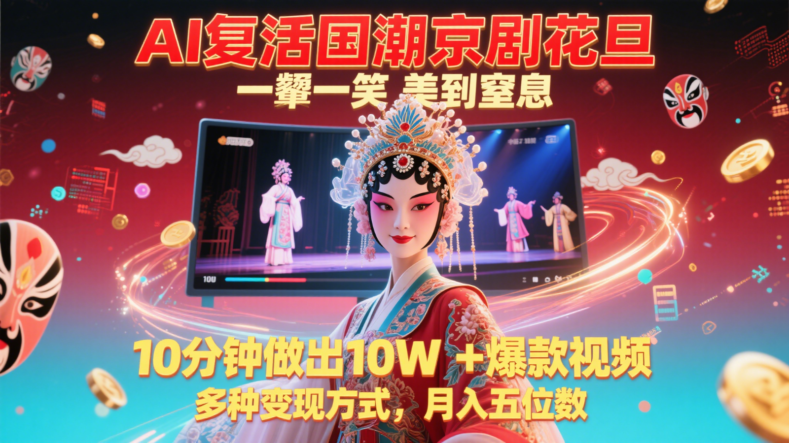AI复活国潮京剧花旦，一颦一笑美到窒息，10分钟做出10W+爆款视频，多种变现方式-大伟资源网