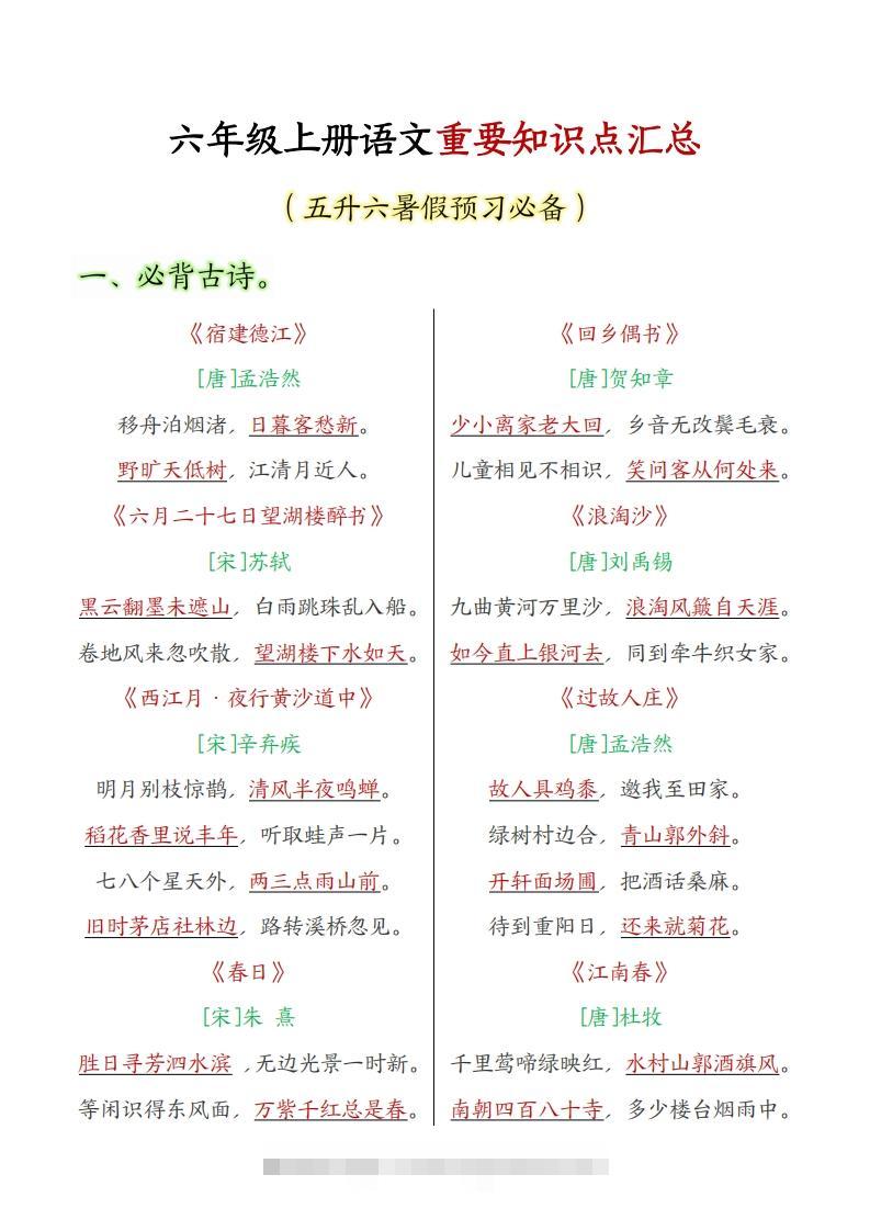 六上语文全册重点知识汇总-大伟资源网