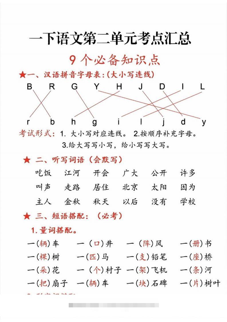 一年级语文下册第二单元考点-大伟资源网