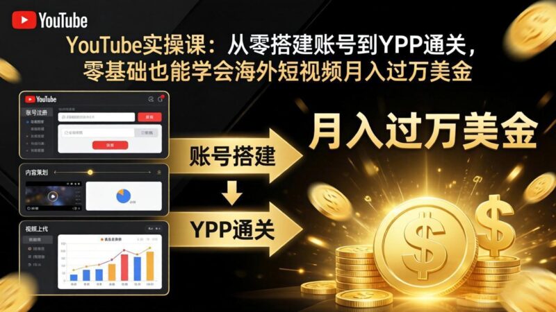 YouTube实操课：从零搭建账号到YPP通关，零基础也能学会海外短视频月入过万美金-大伟资源网