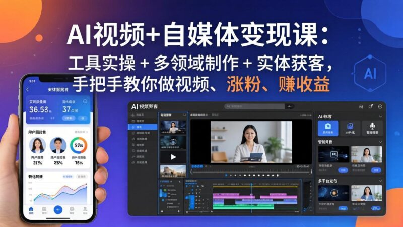 AI视频+自媒体变现课：工具实操 + 多领域制作 + 实体获客，手把手教你做视频、涨粉、赚收益-大伟资源网