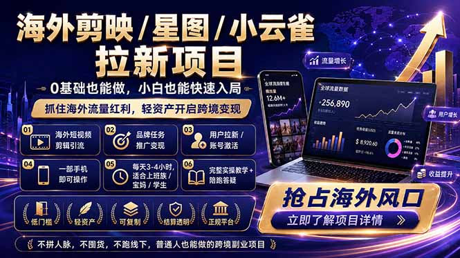 海外剪映 / 星图 / 小云雀拉新项目 普通人也能上手的跨境流量变现副业-大伟资源网