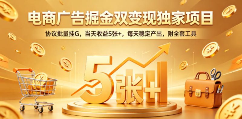 电商广告掘金双变现独家项目，协议批量挂G，当天收益5张+，每天稳定产出，附全套工具【揭秘】-大伟资源网