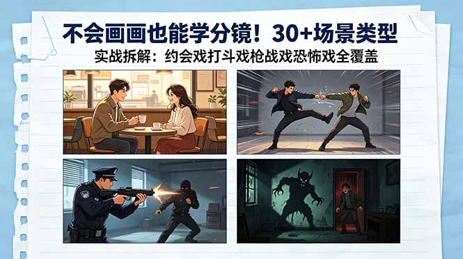 不会画画也能学分镜！30+场景类型实战拆解：约会戏打斗戏枪战戏恐怖戏全覆盖-大伟资源网