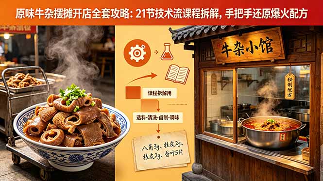 原味牛杂摆摊开店全套攻略：21节技术流课程拆解，手把手还原爆火配方-大伟资源网