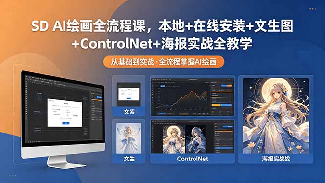 SD AI绘画全流程课，本地+在线安装+文生图+ControlNet+海报实战全教学-大伟资源网