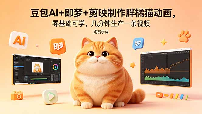 豆包AI+即梦+剪映制作胖橘猫动画，零基础可学，几分钟生产一条视频，附提示词-大伟资源网