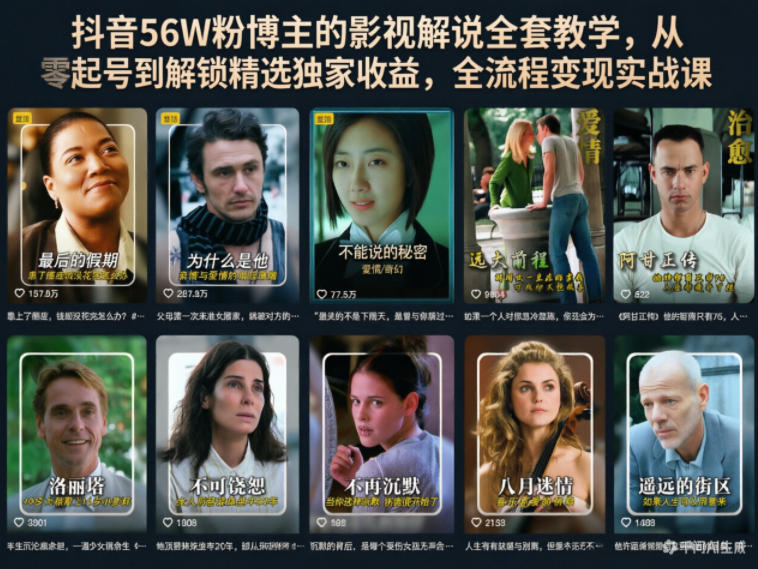 抖音56W粉博主的影视解说全套教学，从零起号到解锁精选独家收益，全流程变现实战课-大伟资源网