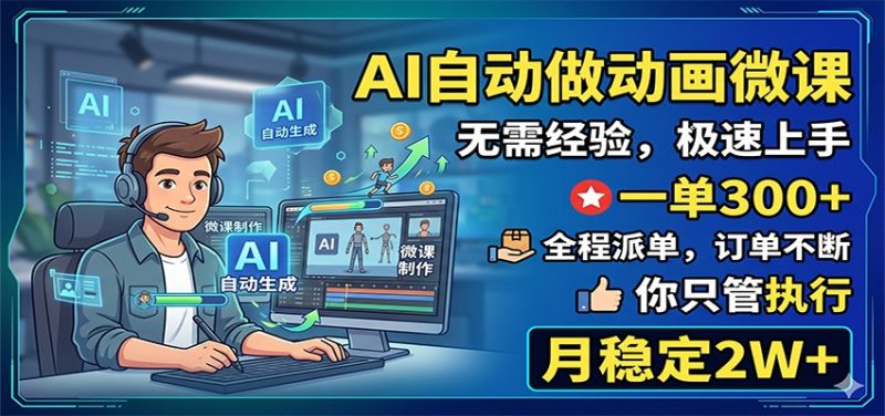 AI自动做动画微课,一单300+,全程派单,你只管执行,月稳定2W+-大伟资源网