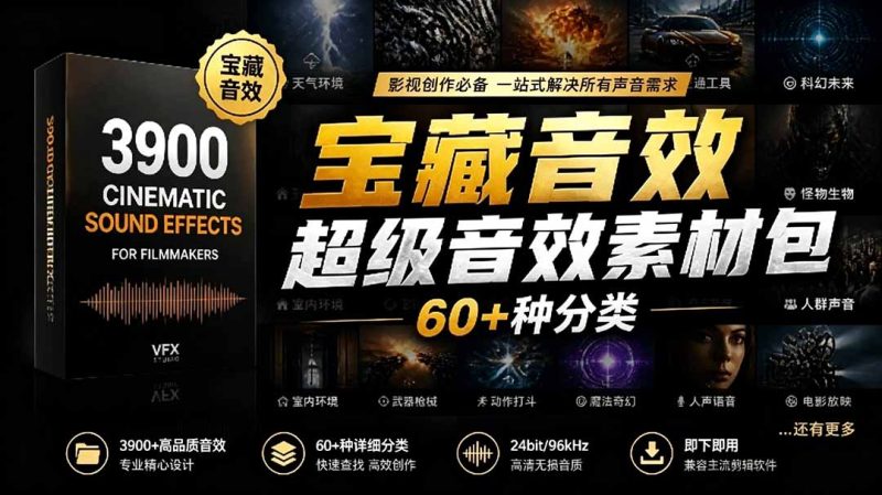 宝藏音效合集包！60+多种音效分类，共计3900个，分类清晰，全中文分类，高品质剪辑音效素材包-大伟资源网