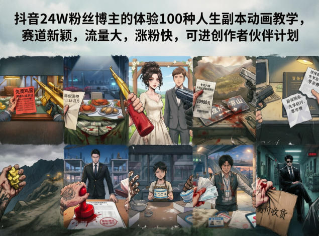 抖音24W粉丝博主的体验100种人生副本动画教学，赛道新颖，流量大，涨粉快，可进创作者伙伴计划-大伟资源网