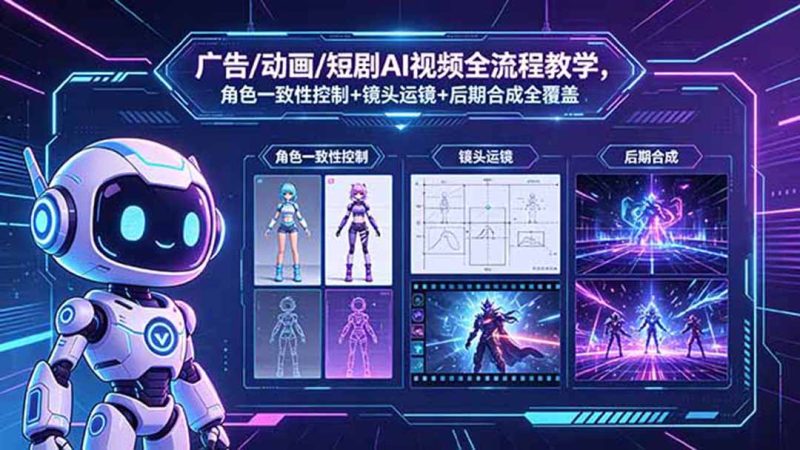 广告/动画/短剧AI视频全流程教学，角色一致性控制+镜头运镜+后期合成全覆盖-大伟资源网