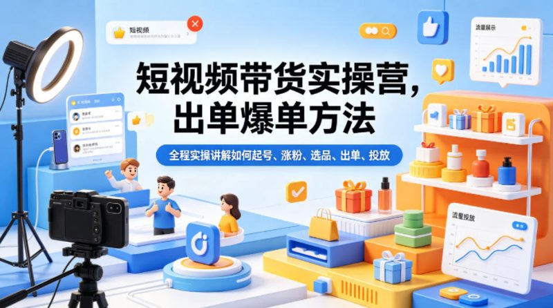 短视频带货实操营，出单爆单方法，全程实操讲解如何起号、涨粉、选品、出单、投放(更新0515)-大伟资源网