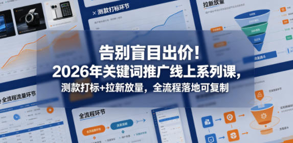 告别盲目出价!2026年关键词推广线上系列课,测款打标+拉新放量,全流程落地可复制-大伟资源网