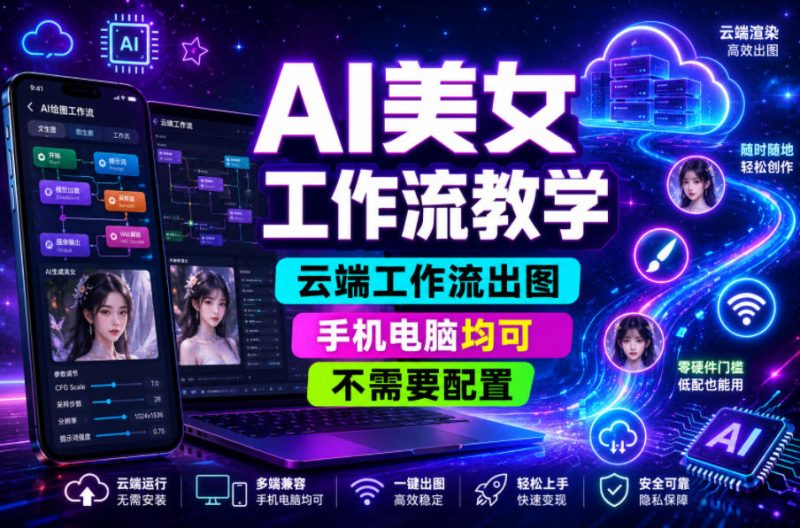 AI美女工作流教学，云端工作流出图，手机电脑均可，不需要配置，快速起号涨粉-大伟资源网