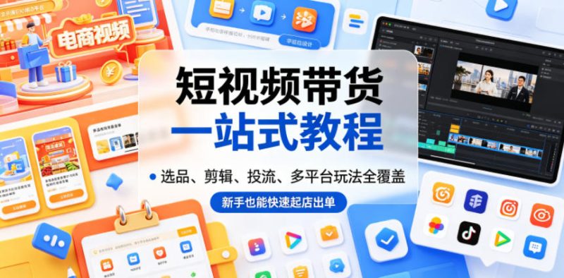 短视频带货一站式教程，选品、剪辑、投流、多平台玩法全覆盖，新手也能快速起店出单-大伟资源网
