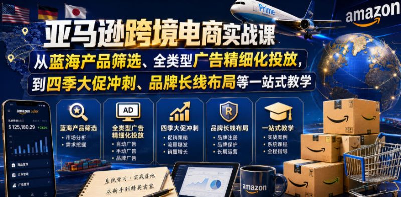 亚马逊跨境电商实战课，从蓝海产品筛选、全类型广告精细化投放，到四季大促冲刺、品牌长线布局等一站式教学-大伟资源网