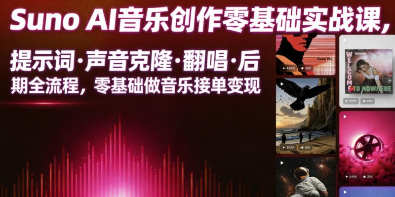 Suno AI音乐创作实战课，提示词・声音克隆・翻唱・后期全流程，零基础做音乐接单变现-大伟资源网
