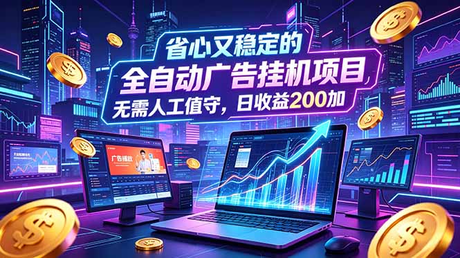 全自动广告挂机项目，全程无需人工值守。稳定创收每日收益200+-大伟资源网