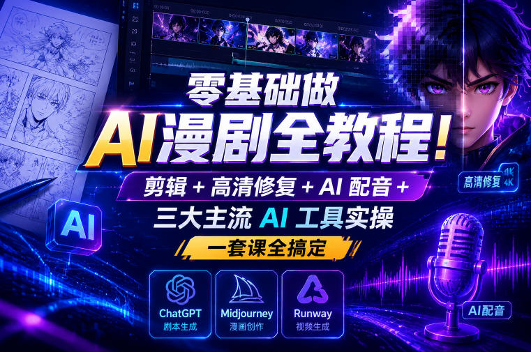 零基础做AI漫剧全教程！剪辑+高清修复+AI配音+三大主流AI工具实操，一套课全搞定-大伟资源网
