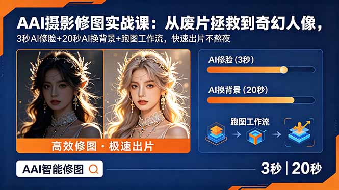 AI摄影修图实战课：从废片拯救 到 奇幻人像，3秒AI修脸+20秒AI换背景+跑图工作流，快速出片不熬夜-大伟资源网