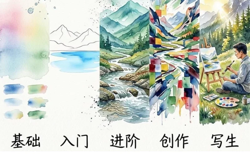 水彩风景五合一 (基础+入门+进阶+创作+写生)-大伟资源网