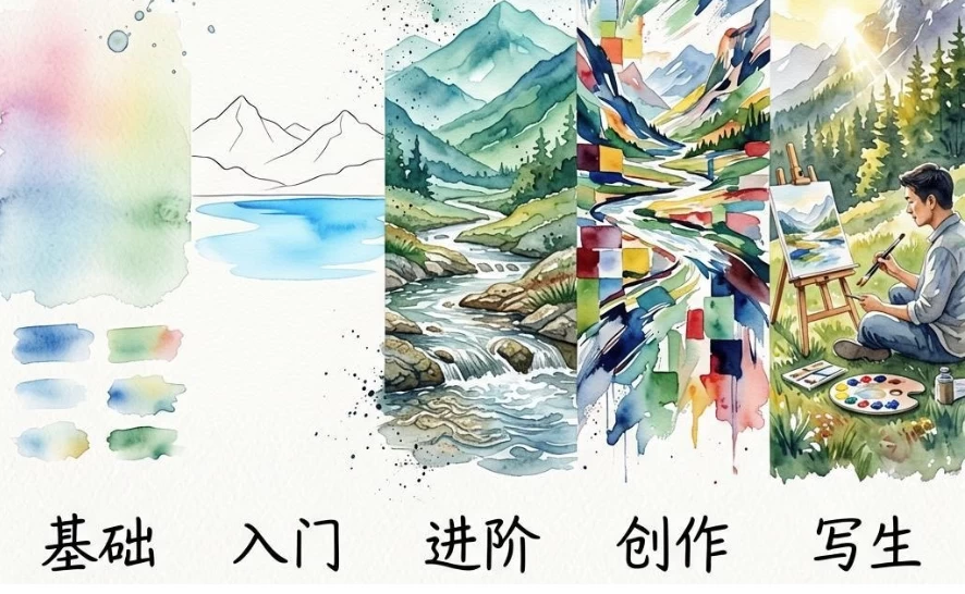 图片[1]-水彩风景五合一 (基础+入门+进阶+创作+写生)-大伟资源网