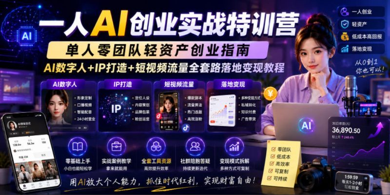 一人AI创业实战特训营，单人零团队轻资产创业指南，AI数字人+IP打造+短视频流量全套路落地变现教程-大伟资源网