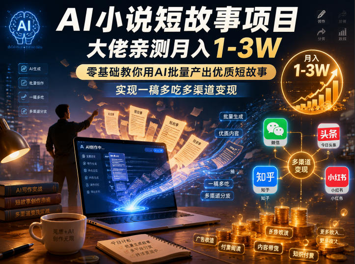 AI小说短故事项目，大佬亲测月入1-3W，零基础教你用AI批量产出优质短故事，实现一稿多吃多渠道变现-大伟资源网