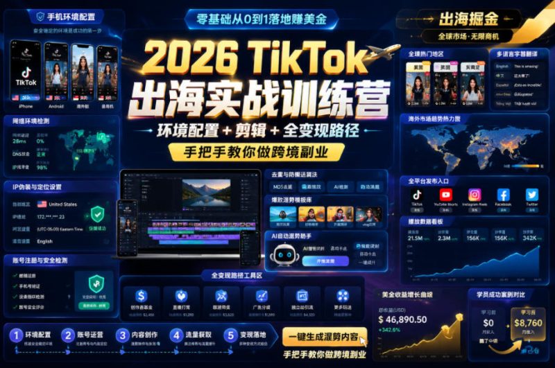 2026 TikTok出海实战训练营，环境配置 + 剪辑 + 全变现路径，手把手教你做跨境副业-大伟资源网