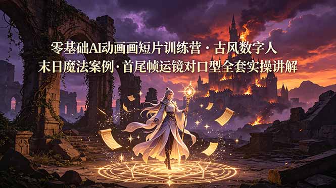 零基础AI动画短片训练营，古风数字人末日魔法案例，首尾帧运镜对口型全套实操讲解-大伟资源网