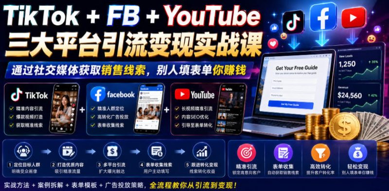 TikTok+FB+YouTube三大平台引流变现实战课，通过社交媒体获取销售线索，别人填表单你賺钱【原创双语字幕】-大伟资源网